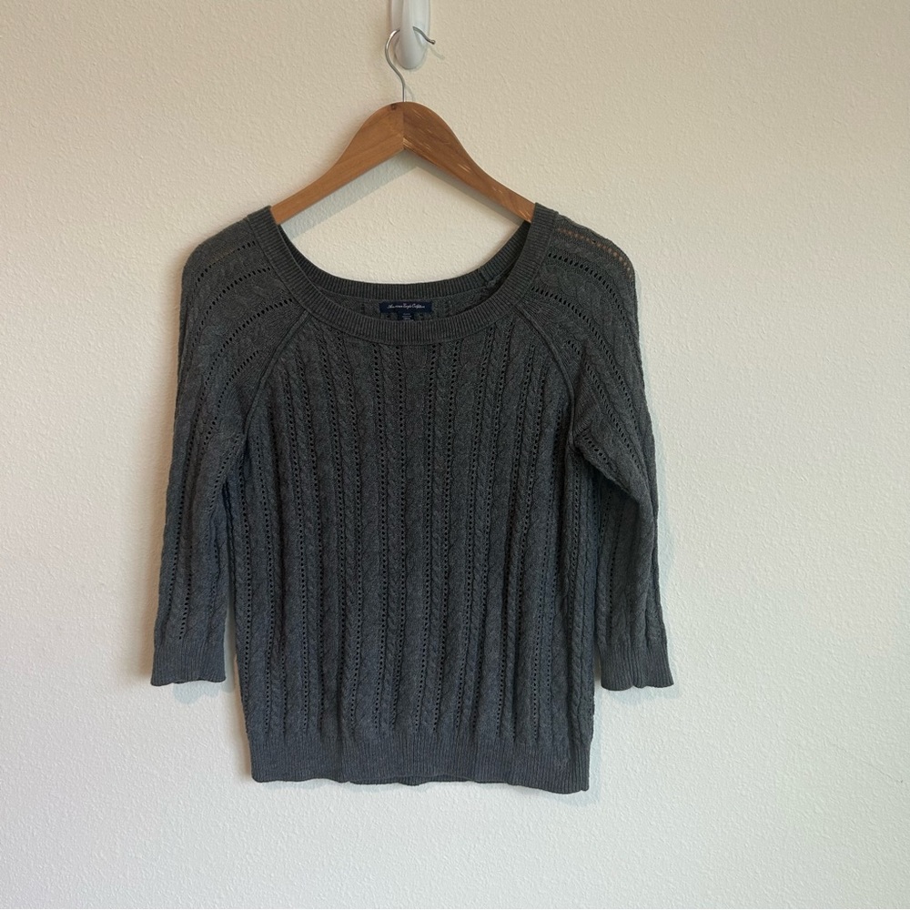 American Eagle Outfitters boho grey sweater witha scoop neckline and 3/4 sleeve